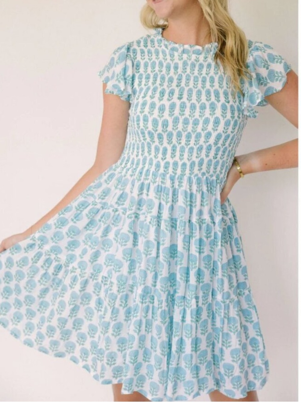 Rubi Jo J.Marie Collections blue white block print smocked ruffle sleeves dress